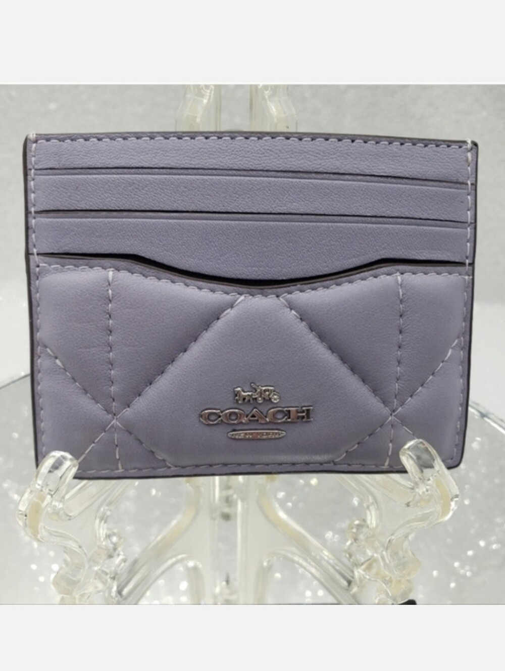 Coach Slim Puffy Diamond Quilted ID Card Case Smooth Nappa Leather Lilac